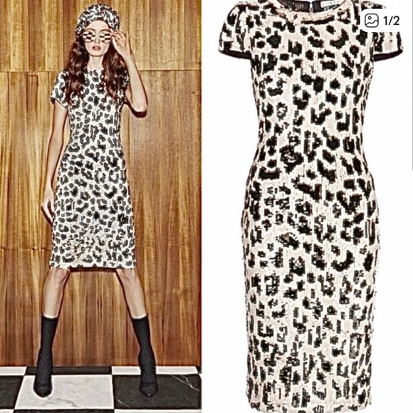 Alice + Olivia Black and White Sequin Midi Dress - Picture 1 of 8